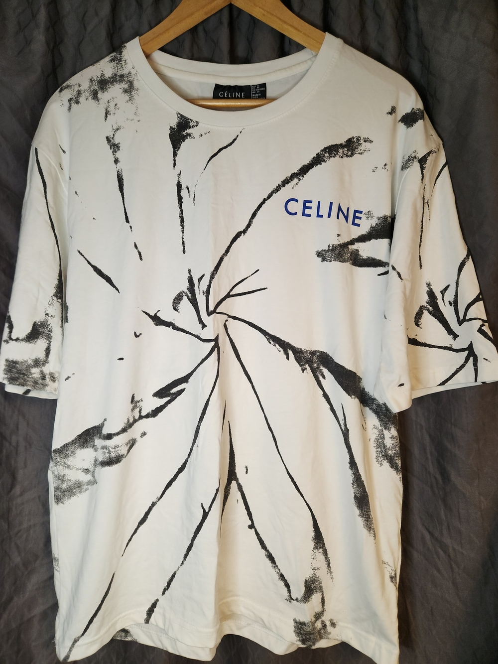 Celine White Tee with Black Graphic and Blue Logo